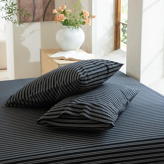 Striped Duvet Cover Set 100% Washed Cotton Linen Like Soft Feelling Breathable Bedding(Strip-Black/White,Queen)