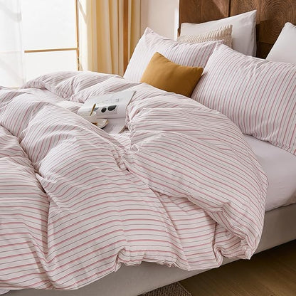 Merryword 100% Cotton Duvet Cover Set King Size - White & Pink Stripes Duvet Cover with Pillowcases, Soft Breathable Bedding Set Modern Minimalist Pinstripe Comforter Cover for All Seasons