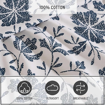 Eddie Bauer - King Sheet Set, Premium Cotton Percale Bedding Set, Floral Home Decor, Oeko-Tex Certified (Woodblock Floral Blue, King)