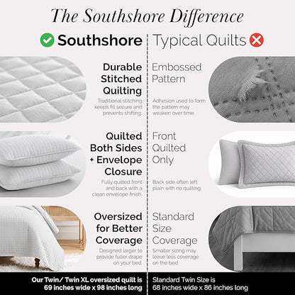 Southshore Fine Living, Inc. Twin XL Comforter Quilt Bedding Set, Dorm Room Bedding Essentials, Stain Resistant, Machine Washable Bedspread, XL/Twin Grey Quilt Bed Spread with Pillow Sham, Light Grey