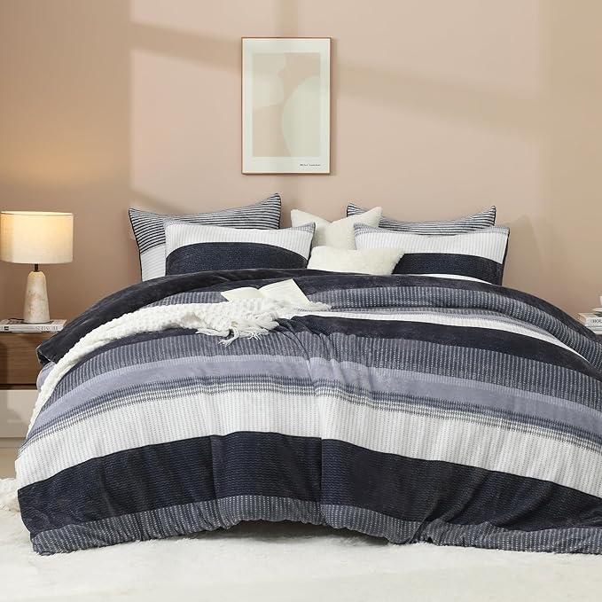 Litanika Fluffy Fleece Queen Comforter Set, Luxury Soft Plush Fuzzy Dark Grey Stripe Bedding Comforter Sets, Warm Shaggy Faux Fur Bed Set All Season (1 Comforter, 2 Pillowcases)