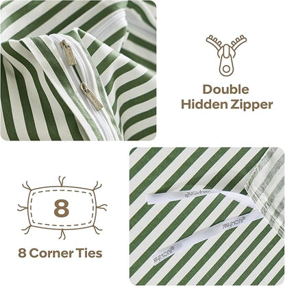 JELLYMONI 100% Natural Cotton 3pcs Striped Duvet Cover Sets,White Duvet Cover with Green Stripes Pattern Printed Comforter Cover,with Zipper Closure & Corner Ties(Full Size)