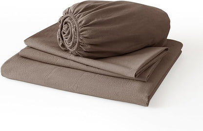 JIYUAN King Size Sheet Set, 4-Piece - 100% Washed Cotton, Linen-Like Soft & Breathable, Includes Deep Pocket Fitted & Flat Sheet with 2 Pillowcases, Hotel Quality, Solid Light Brown