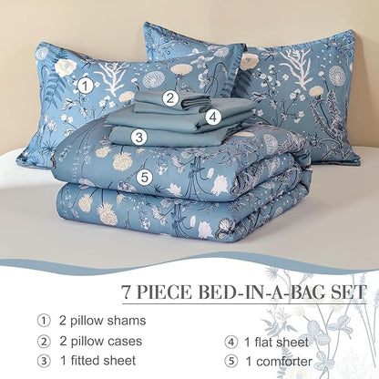 Yiran Blue Comforter Set King Size, 7 Piece Floral Comforter Bedding Set, Botanical Farmhouse Bed in a Bag, Soft Microfiber Complete Bedding Set with Sheets for All Season