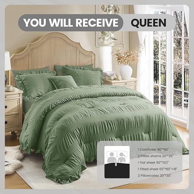 Queen Comforter Set Seersucker 7 Pieces Luxury Ruffle Bed in a Bag Queen Size for All Season Green Bedding Set with Comforter, Pillowcases, Flat Sheet, Fitted Sheet and Pillow Shams