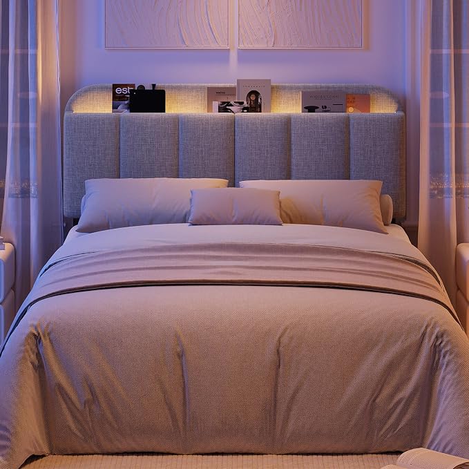 Headboard for Full/Queen Size with LED Light, Upholstered Bed HeadBoard with Storage, Linen Fabric Head Board with Vertical Channel Design, Height Adjustable, Easy to Assemble, Light Grey