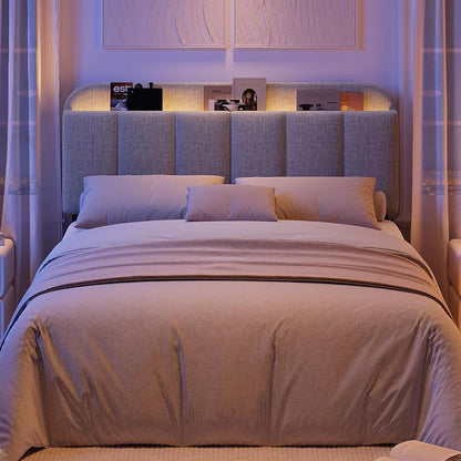 Headboard for Full/Queen Size with LED Light, Upholstered Bed HeadBoard with Storage, Linen Fabric Head Board with Vertical Channel Design, Height Adjustable, Easy to Assemble, Light Grey