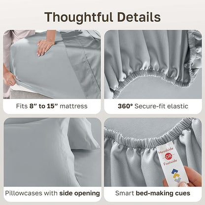 California Design Den Split King Sheet Set - 100% Cotton, 600 Thread Count, Breathable Luxury King Size Sheets for Adjustable Bed, Luxury Hotel-Quality Sheets with Soft Sateen Weave - Light Grey