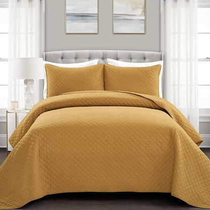Lush Decor Ava Quilt Diamond Pattern Solid 3 Piece Oversized Bedding Blanket Bedspread Set - Full/Queen - Mustard