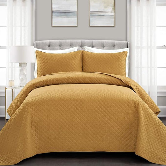 Lush Decor Ava Quilt Diamond Pattern Solid 3 Piece Oversized Bedding Blanket Bedspread Set - King - Mustard