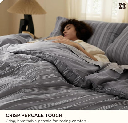 Bedsure Striped Duvet Cover King Size, 100% Washed Cotton PureWoven Duvet Cover Linen Like Textured, Classic Striped Pattern Enhances Bedroom Comfort and Style, Stripes Grey, 104"x90"