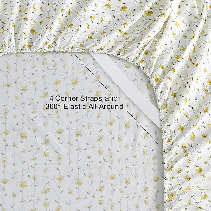 Softan Yellow Floral Bed Sheets Full Flower Printed Sheets - Patterned Microfiber Fitted Sheets Full with 15" Deep Pocket & Non-Slip Straps, Cute Flower Sheets & Pillowcase Set