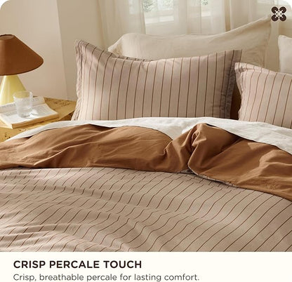 Bedsure Striped Duvet Cover King Size, 100% Washed Cotton PureWoven Duvet Cover Linen Like Textured, Classic Striped Pattern Enhances Bedroom Comfort and Style, Stripes Camel/Brown, 104"x90"