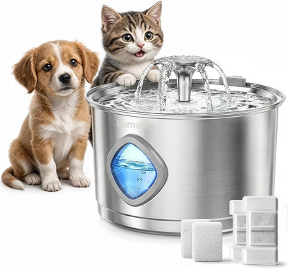 Cat Water Fountain Stainless Steel, 2.8L Quiet Dog Water Fountain | Automatic Quiet Pet Drinking Fountain, Water Level Window, 2 Filters & 2 Sponges - Gift for Small Animals like Dog & Kitty