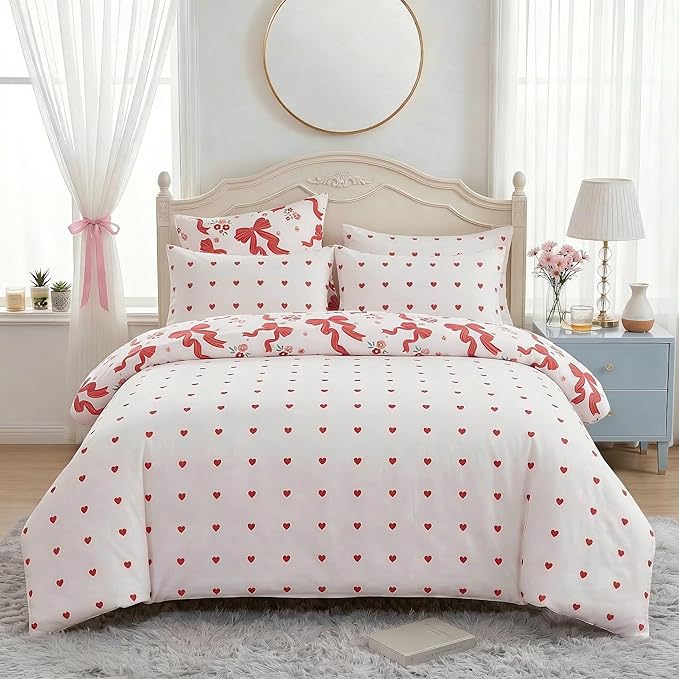 Red Bow Comforter Set Twin for Girls, 2Pcs Ribbon Bowknot Bedding for Kids Kawaii Bedroom Decor, Dreamy Priness Girly Puple Stripe Bows Comforter Set with 1 Pillowcase, 68"x86"