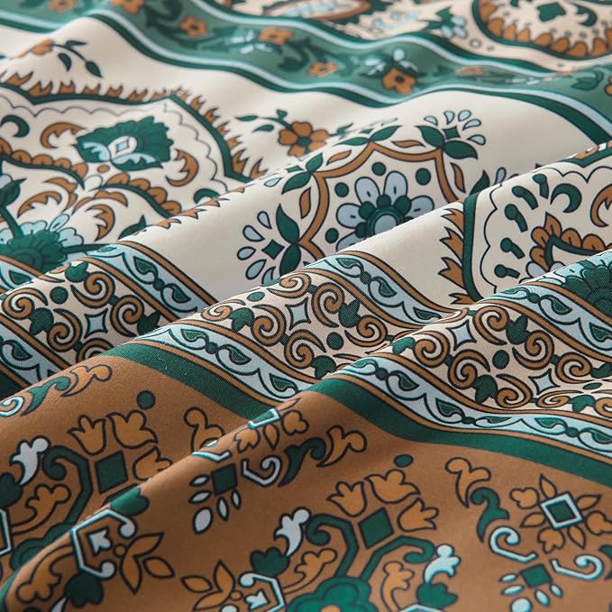 Cottolester Boho Comforter Set Queen Size,8 Pieces Brown and Green Bohemian Striped Bed in a Bag,Paisley Soft Microfiber Bedding Comforter Set