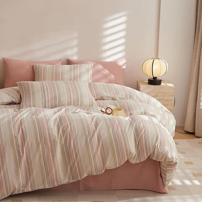 EAVD Striped Comforter Set Twin XL Pink Striped Bedding Comforter Set 3 Pieces Farmhouse Geometric Bedding Set with 2 Pillowcases for All-Season Soft Fluffy Lightweight