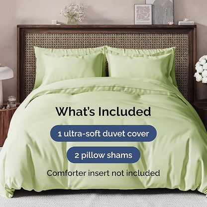 Duvet Cover Queen Size Set - Extra Soft Queen Duvet Cover 90" x 90" with 2 Pillow Shams - Hotel Luxury, Easy Care & Fade Free w/ Zipper Closures & Ties - Comfy, Cozy & Breathable (Light Sage Green)