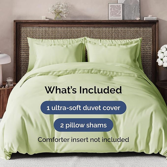Duvet Cover Queen Size Set - Extra Soft Queen Duvet Cover 90" x 90" with 2 Pillow Shams - Hotel Luxury, Easy Care & Fade Free w/ Zipper Closures & Ties - Comfy, Cozy & Breathable (Light Sage Green)