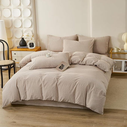 EAVD Tan Plaid Gingham Duvet Cover King Soft 100% Washed Cotton Reversible Tan and White Plaid Duvet Cover with 2 Pillowcases Farmhouse Ginggham Bedding Set with Zipper Closure