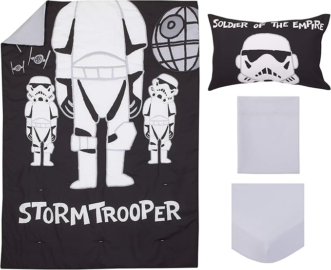 Disney Star Wars Storm Trooper Black and White 4 Piece Toddler Bed Set - Comforter, Fitted Bottom Sheet, Flat Top Sheet, and Reversible Pillowcase