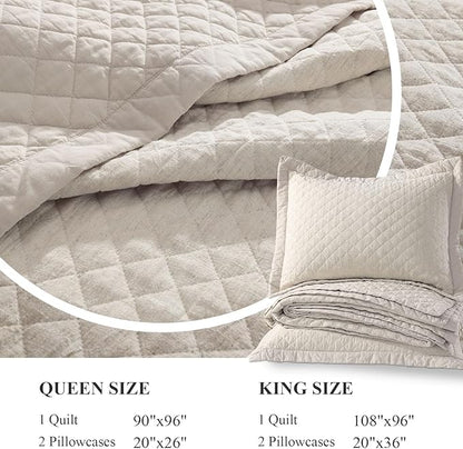 Grassix Linen Quilt Set Queen Size 3-Piece, 100% Linen Front & Cotton Back, Prewashed Diamond Stitch Bedspread with 2 Shams, Lightweight Breathable Quilt for Hot Sleepers, Modern Farmhouse Bedding