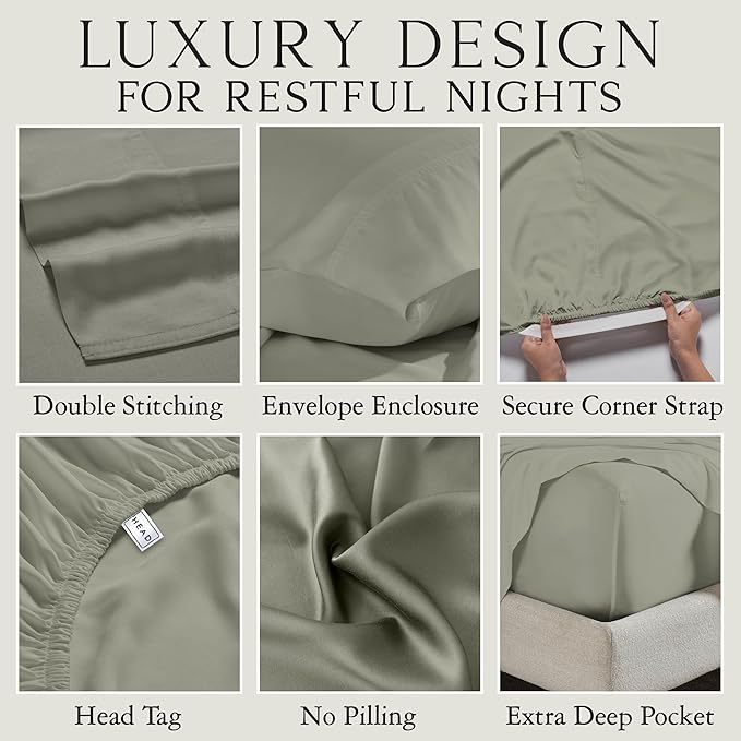KARISSA MAE Cooling Bamboo Viscose Queen Sheet Set | 100% FSC Certified | 18” Deep Pocket | Silky, Soft, & Hypoallergenic | with Organizer Band & Elastic Corner Straps [Cypress Green]