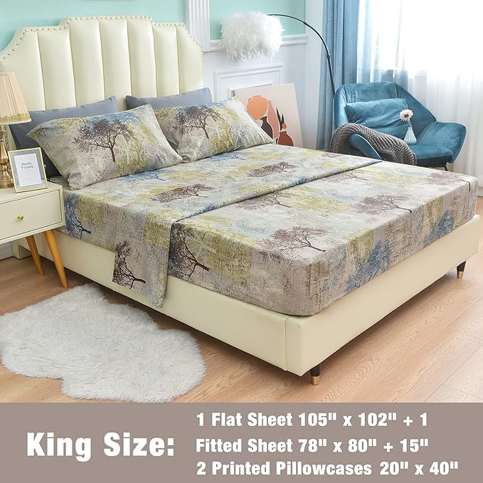 JSD Rustic Print Sheet Set King Size,4 Piece Tree Pattern Soft Microfiber Bed Sheets Extra Deep Pocket