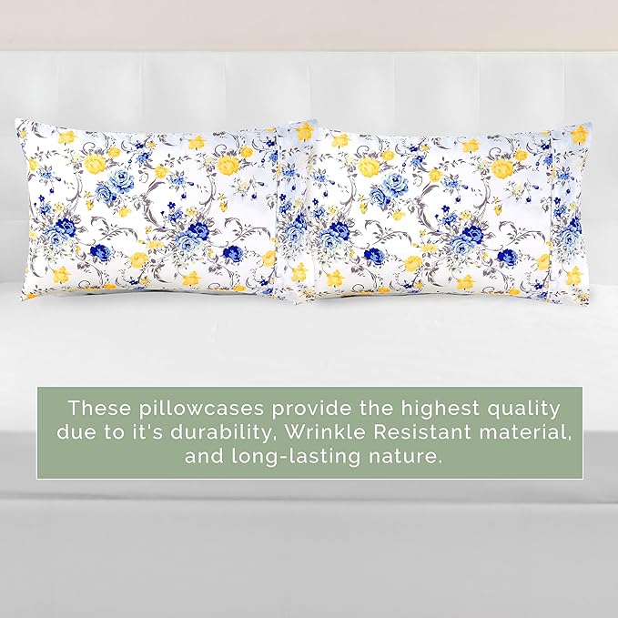 Elegant Comfort Ultra Soft Set of 2 Floral Print Pillowcases - 1500 Premium Hotel Quality Microfiber, Soft and Smooth Envelope Closure 2-Piece Pillow Covers - Standard/Queen, Gold Jenna