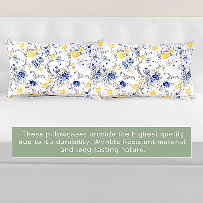 Elegant Comfort Ultra Soft Set of 2 Floral Print Pillowcases - 1500 Premium Hotel Quality Microfiber, Soft and Smooth Envelope Closure 2-Piece Pillow Covers - Standard/Queen, Gold Jenna