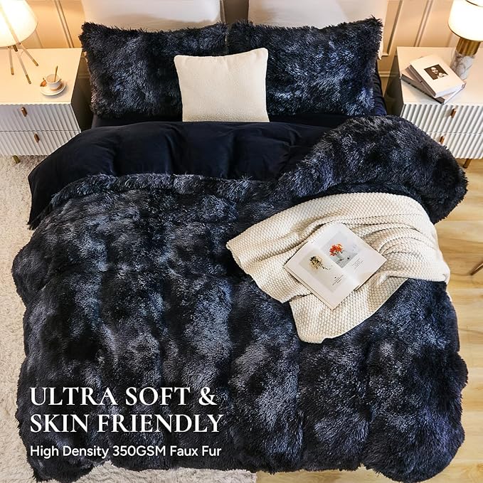 Andency Faux Fur Tie-Dyed Black Blue Comforter King Size, 3 Pieces Fluffy Fuzzy Plush Bedding Comforter Set (1 Shaggy Velvet Comforter & 2 Pillowcases), Soft Puffy Comfy Down Comforter Bedding Set