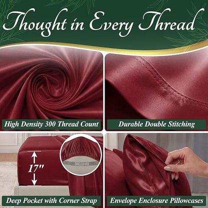 DECOLURE 100% Viscose Derived from Bamboo Sheets Queen Size - Luxury 6 Pc Naturally Cooling Sheets, Ultra Soft Bed Set - Deep 17" Pockets, Durable Double Stitching, Oeko Tex Standard (Burgundy)