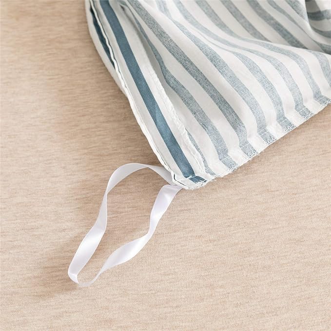 JELLYMONI 100% Natural Cotton 3pcs Striped Duvet Cover Sets,White Duvet Cover with Grayish Blue Stripes Pattern Printed Comforter Cover,with Zipper Closure & Corner Ties(Full Size)