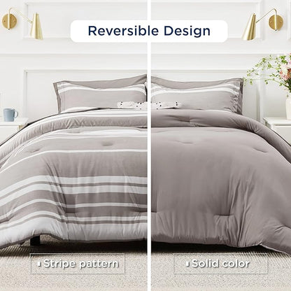 Bedsure King Comforter Set 7 Pieces, Taupe Striped Bedding Set for All Seasons, Reversible, Cationic Dyeing Bed in a Bag with Comforter, Sheets, Pillowcases & Shams