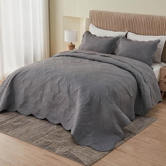 Kingnex Oversized King Bedspreads 128x120 Extra Wide for Tall King or Cal King Bed Ultrasonic Quilted Coverlet Set 3 Piece Include 1 Quilt 2 Pillowcases Dark Grey