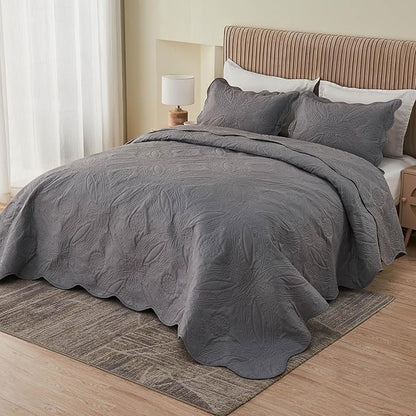 Kingnex Oversized King Bedspreads 128x120 Extra Wide for Tall King or Cal King Bed Ultrasonic Quilted Coverlet Set 3 Piece Include 1 Quilt 2 Pillowcases Dark Grey