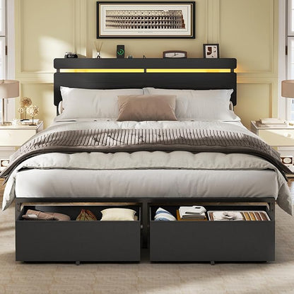 Forestell Queen Bed Frame with Wood Headboard,2 Storage Drawers & Shelf | Built-in Charging Station & LED Lights, Metal Support, No Box Spring Needed, noise-free, easy assembly, Smart RGB, USB+Type-C
