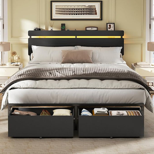 Forestell Queen Bed Frame with Wood Headboard,2 Storage Drawers & Shelf | Built-in Charging Station & LED Lights, Metal Support, No Box Spring Needed, noise-free, easy assembly, Smart RGB, USB+Type-C