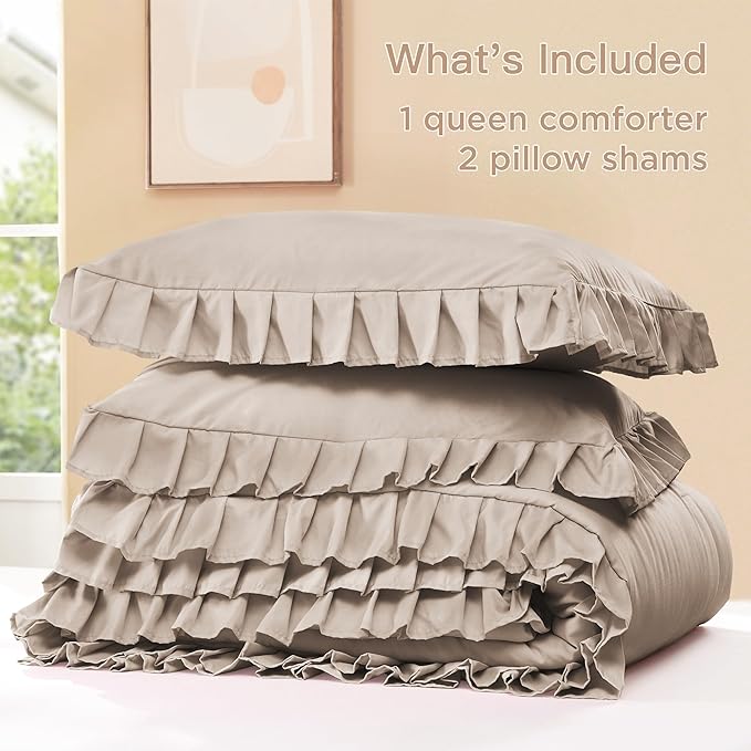 Litanika Light Coffee King Size Comforter Set, 3 Pieces Ruffle Farmhouse Aesthetic Bedding Comforter Set, All Season Soft Lightweight Fluffy Microfiber Bed Set(104x90In Comforter, 2 Pillowcases)