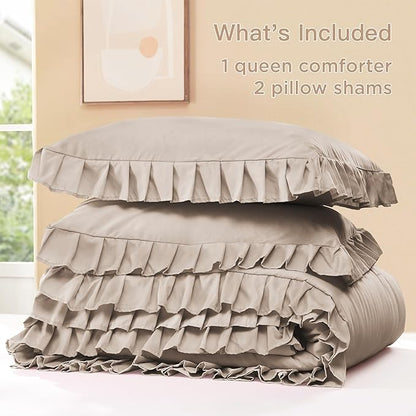 Litanika Light Coffee King Size Comforter Set, 3 Pieces Ruffle Farmhouse Aesthetic Bedding Comforter Set, All Season Soft Lightweight Fluffy Microfiber Bed Set(104x90In Comforter, 2 Pillowcases)