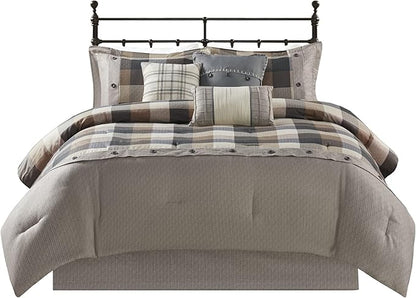 Madison Park Ridge Comforter Set-Cabin Lodge Plaid Herringbone Design All Season Down Alternative Cozy Bedding with Matching Bedskirt, Shams, Decorative Pillow, Queen(90"x90"), Neutral 7 Piece