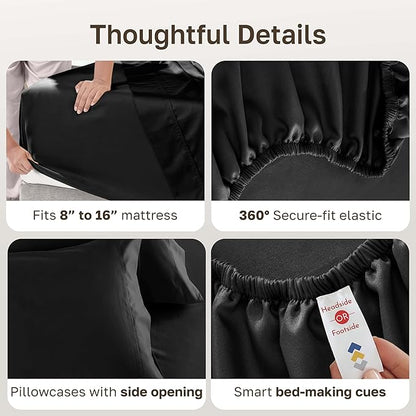California Design Den King Sheet Set - Luxury 600 Thread Count Sateen, Natural 100% Cotton, Fully Elasticized Deep Pocket King Bed Sheets, Crisp, Cool and Durable Hotel Quality Bedding - Black