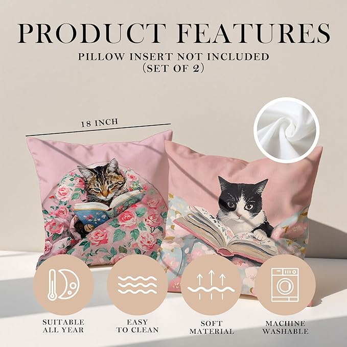Funny Cat Reader Book Pillow Cover 18 x 18 Set of 2, Preppy Floral Black Orange Tabby Tuxedo Cats Bookish Pillowcase, Gifts for Book Lovers, Reading Nook Corner Decor