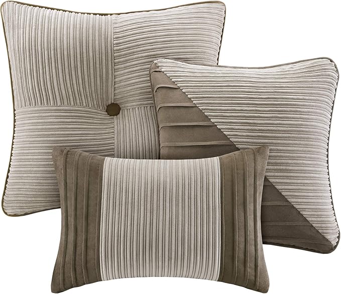 Madison Park Cozy Comforter Set Casual Blocks Design All Season, Matching Bed Skirt, Decorative Pillows, Queen(90"x90"), Dallas Corduroy, Taupe Brown, 7 Piece