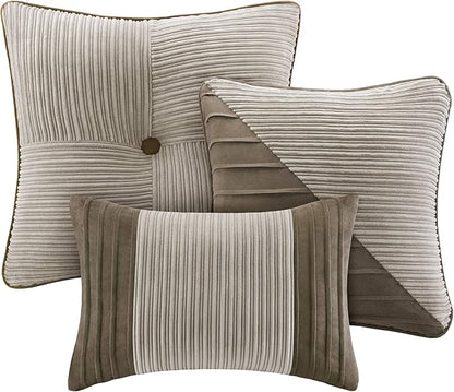 Madison Park Cozy Comforter Set Casual Blocks Design All Season, Matching Bed Skirt, Decorative Pillows, Cal King(104"x92"), Dallas Corduroy, Taupe Brown, 7 Piece