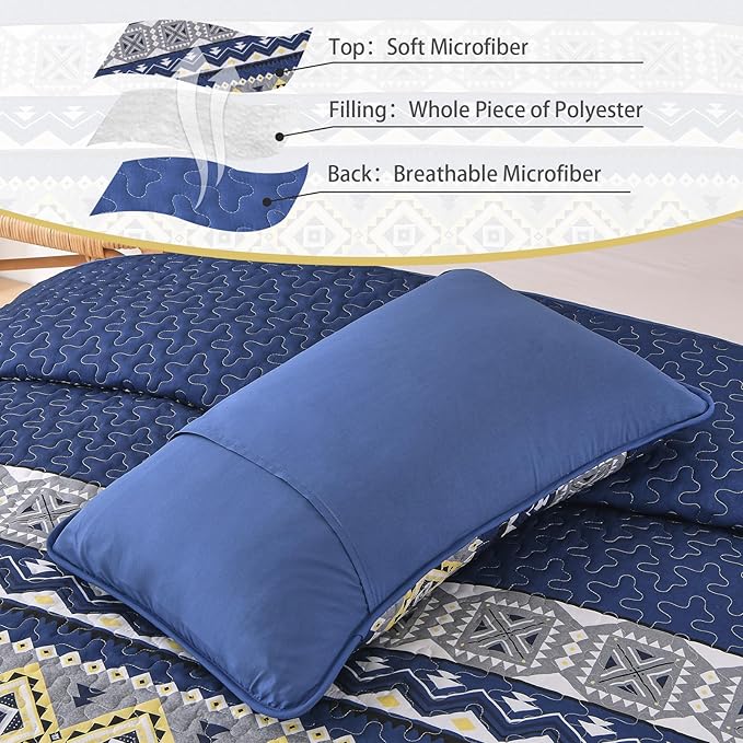 WONGS BEDDING 3 Pieces Quilt Set King Size, Navy Blue Quilt Bedspread Lightweight Bohemian Coverlet Set with 2 Pillowcase, Soft Geometry Printed Bedding Set King for All Season 104"×90"