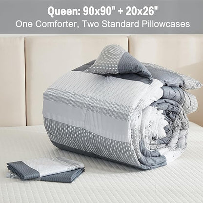 Litanika Queen Comforter Set Light Grey - 3 Pieces Lightweight Gray White Colorblock Stripe Fluffy Bedding Comforter Sets, All Season Bed Set