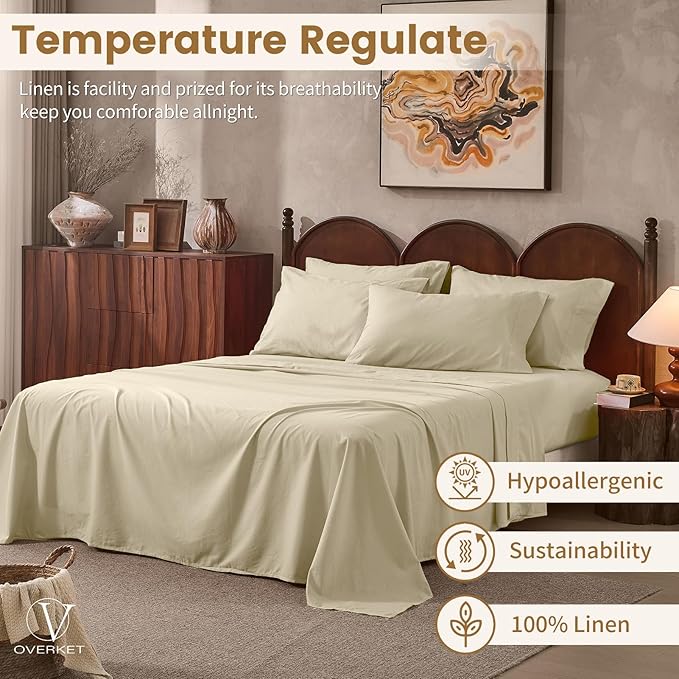 100% Linen Sheets Queen Size,Breathable & Durable 4-Piece Bed Flax Sheet Set,Soft All-Season Bedding for Hot Sleepers 16" Deep Pocket Oeko-TEX Certified,（Queen, Brown Taupe）