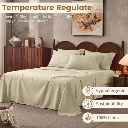 100% Linen Sheets Queen Size,Breathable & Durable 4-Piece Bed Flax Sheet Set,Soft All-Season Bedding for Hot Sleepers 16" Deep Pocket Oeko-TEX Certified,（Queen, Brown Taupe）