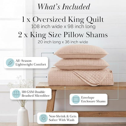 Southshore Fine Living, Inc. Oversized King Quilt Set, Stitched Blush Pink Quilt Bedspread, 2 Matching Pillow Shams, Machine Washable Cal/King Quilts, Hotel Quality Bedding, Cozy Coverlet, Blush